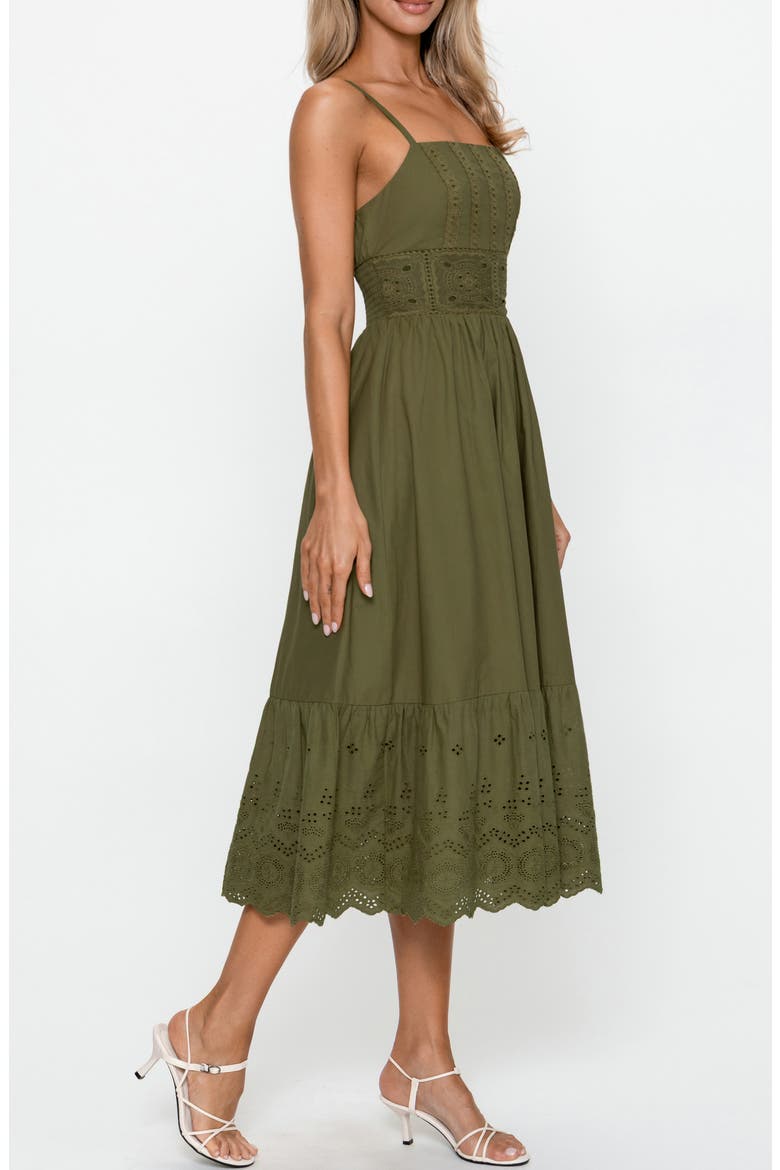 Embroidered Sleeveless Cotton Midi Dress, Alternate, color, KHAKI / BROWN