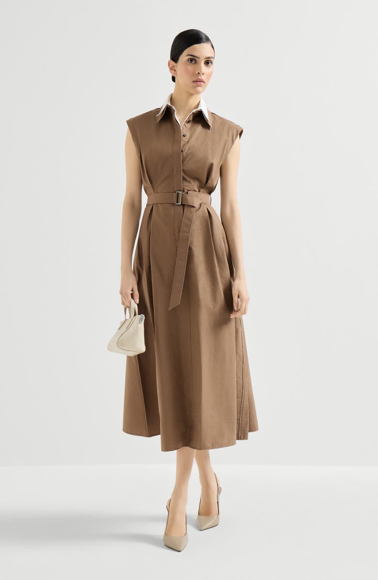 Brunello Cucinelli Texture twill Chemisier dress, Alternate, color, Brown