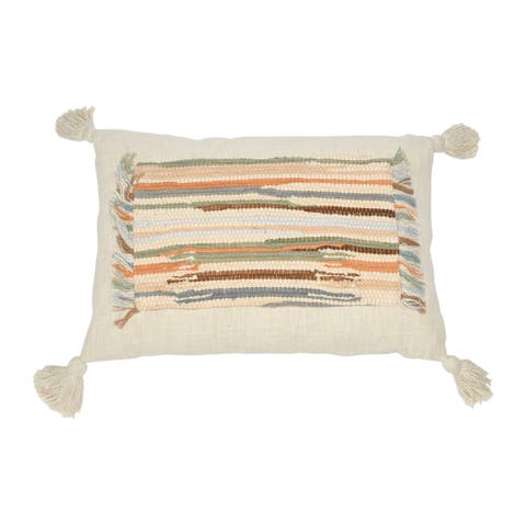 Woven Cotton Slub Lumbar Pillow with Applique, Fringe and Tassels, Cover Only