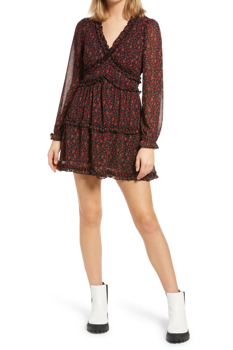 Floral Ruffle Long Sleeve Minidress, Main, color, BLACK