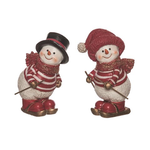 Resin Skiing Snowman Figurine Set of 2 Christmas Decor