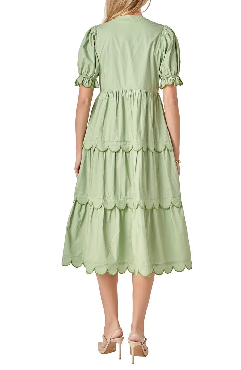 English Factory Contrast Scalloped Trim Cotton Midi Dress, Alternate, color, Sage/ Green
