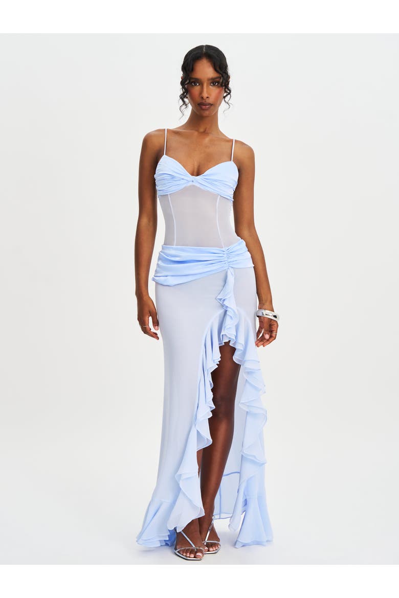 Lacy Ruched Breast High Slit Chiffon Dress, Alternate, color, blue