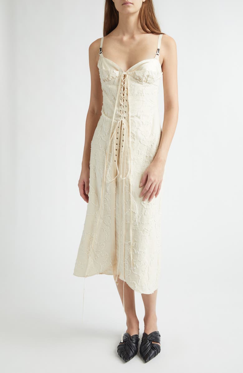 Meruert Tolegen Double Cup Floral Jacquard Midi Dress, Main, color, Cream