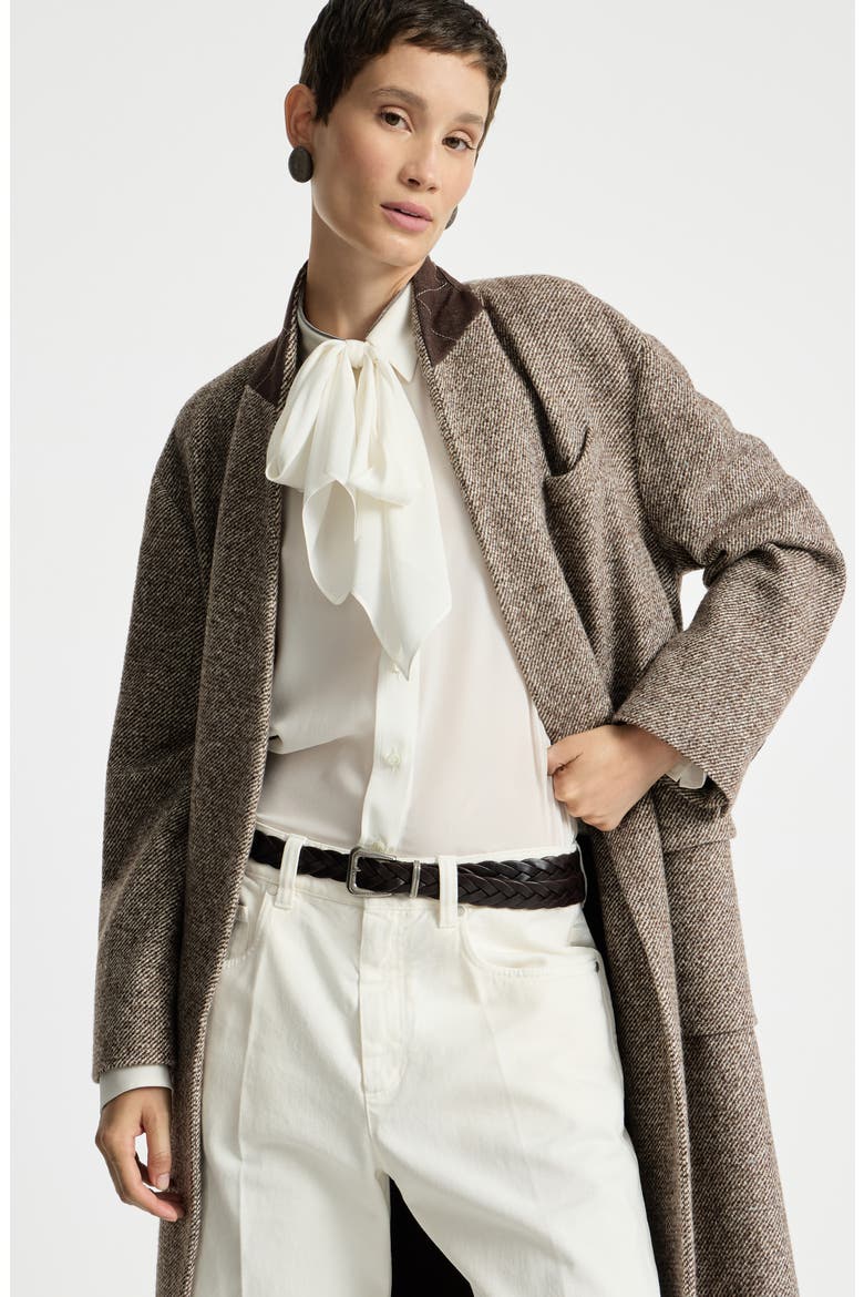 Virgin wool and silk mélange diagonal belted coat with monili, Alternate, color, Brown