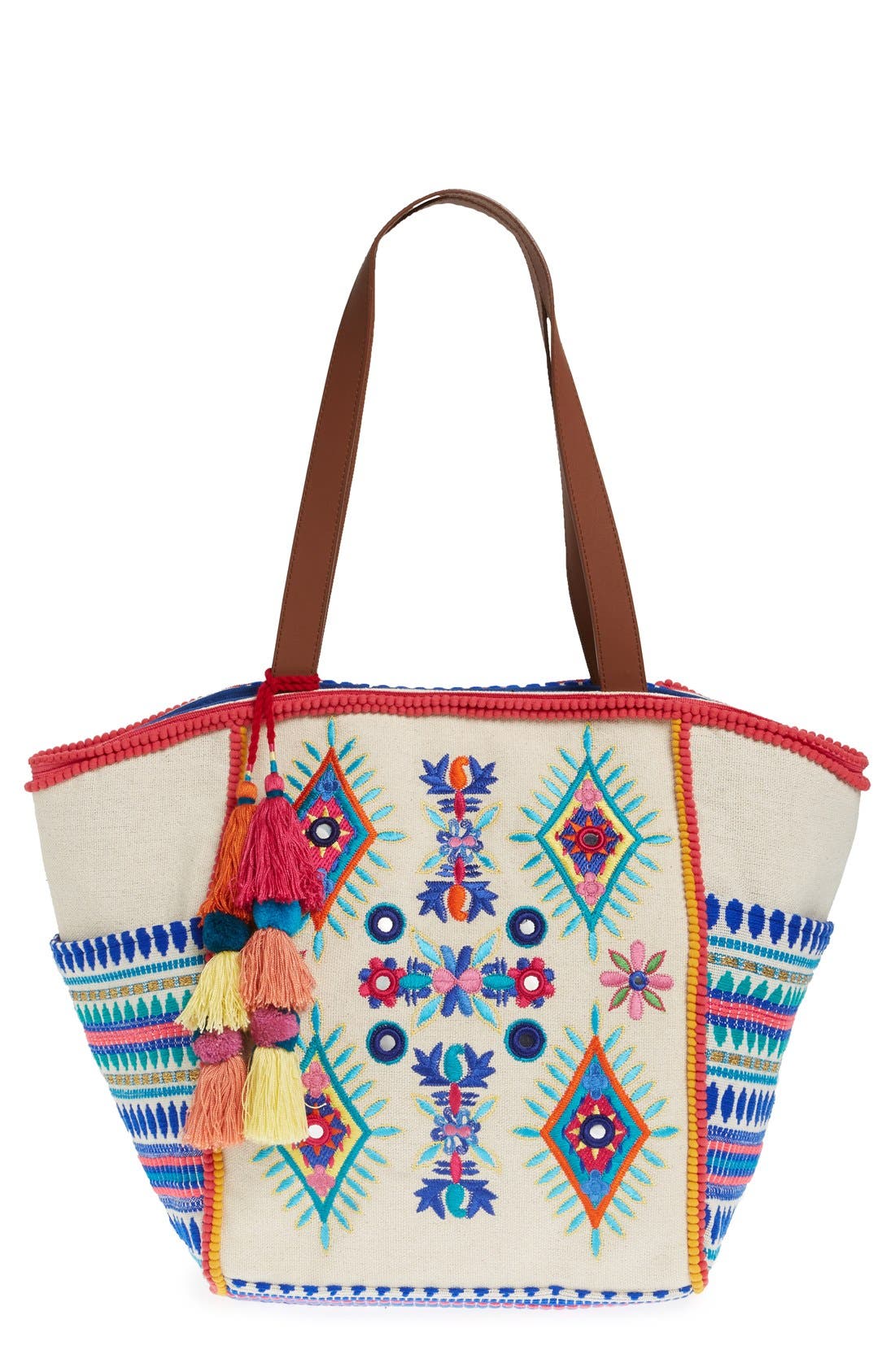 STEVEN by Steve Madden Embroidered Pompom Tote, Main, color, 