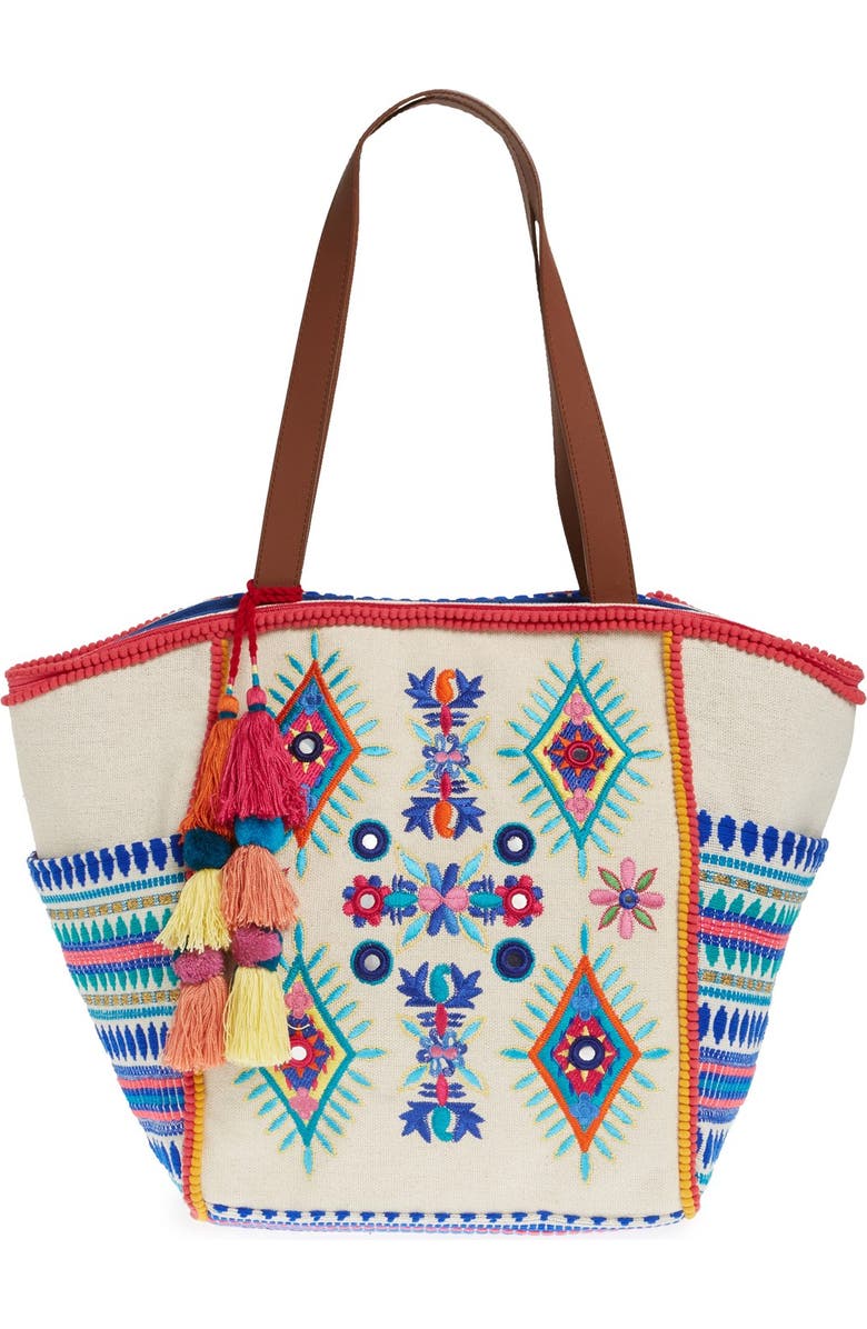 STEVEN by Steve Madden Embroidered Pompom Tote, Main, color,