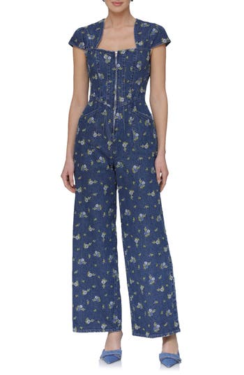 Avec Les Filles Floral Cap Sleeve Corset Wide Leg Denim Jumpsuit