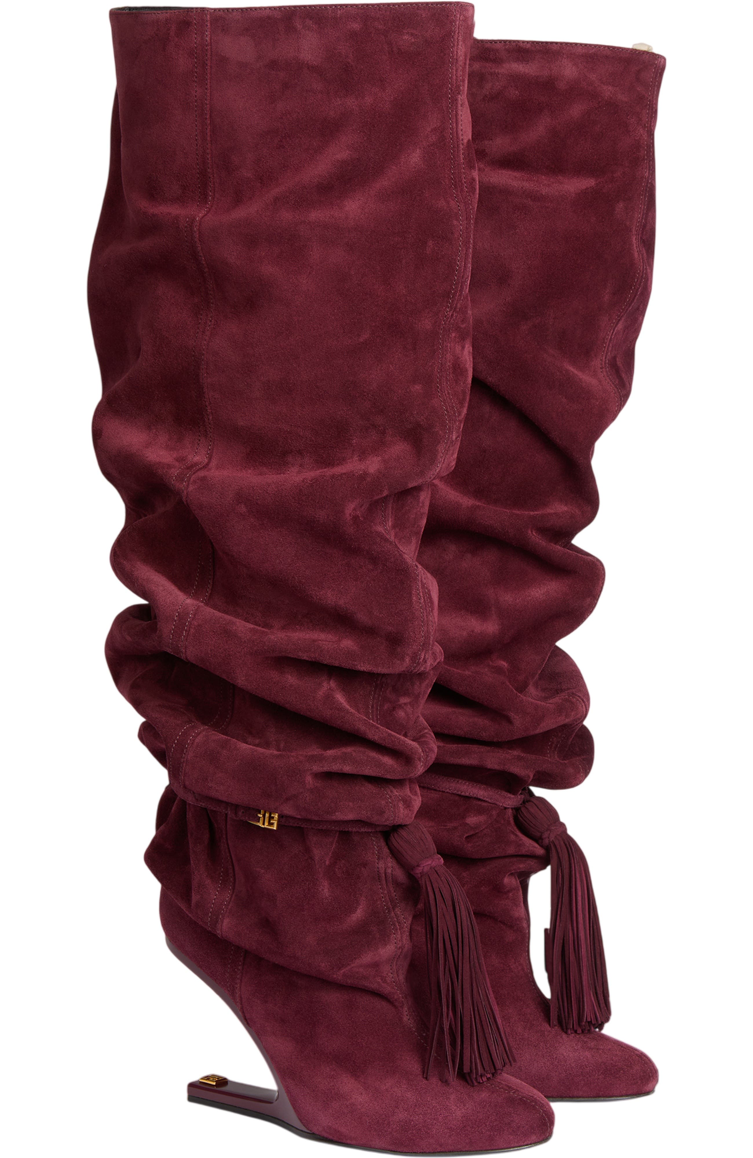 Balmain No Wedge suede leather thigh-high boots with tassel, Main, color, Red
