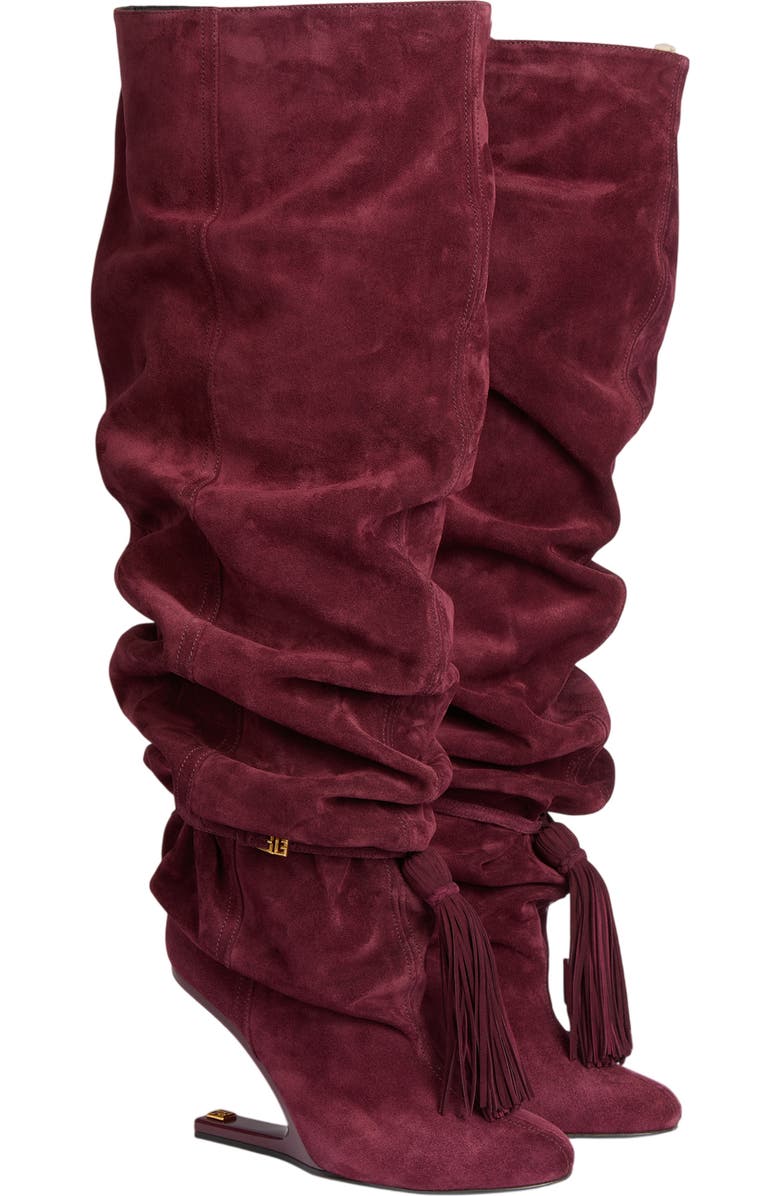 Balmain No Wedge suede leather thigh-high boots with tassel, Main, color, Red