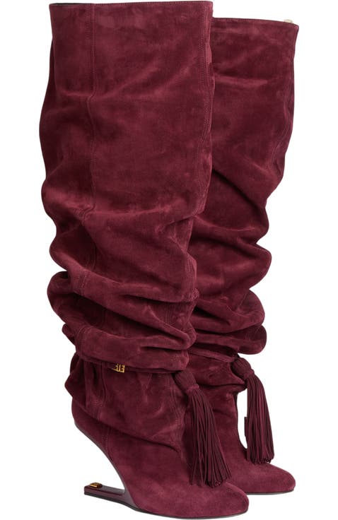 No Wedge suede leather thigh-high boots with tassel