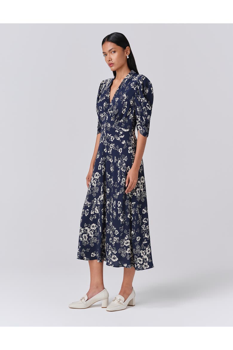 Mia Crepe Floral Midi Tea Dress, Main, color, Navy Floral