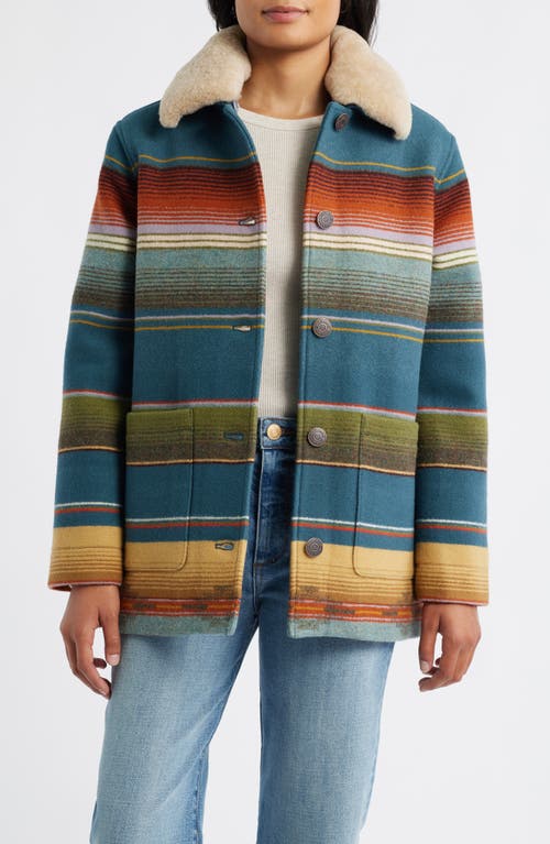 Pendleton Brownsville Virgin Wool & Cotton Coat With Genuine Shearling Collar In Multi