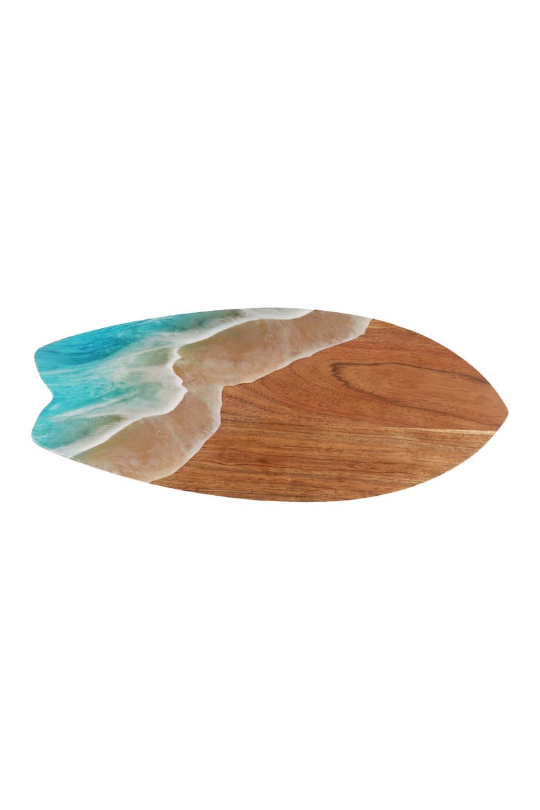 Surfboard Wave Coastal Wood Novelty Sports Shaped Serving Platter 6.5" x 16", Main, color, Brown