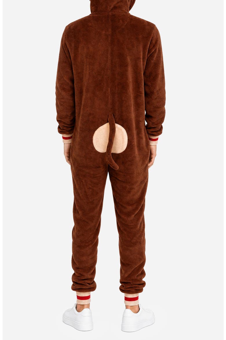 Monkey Hooded Fleece Jumpsuit, Alternate, color, BROWN
