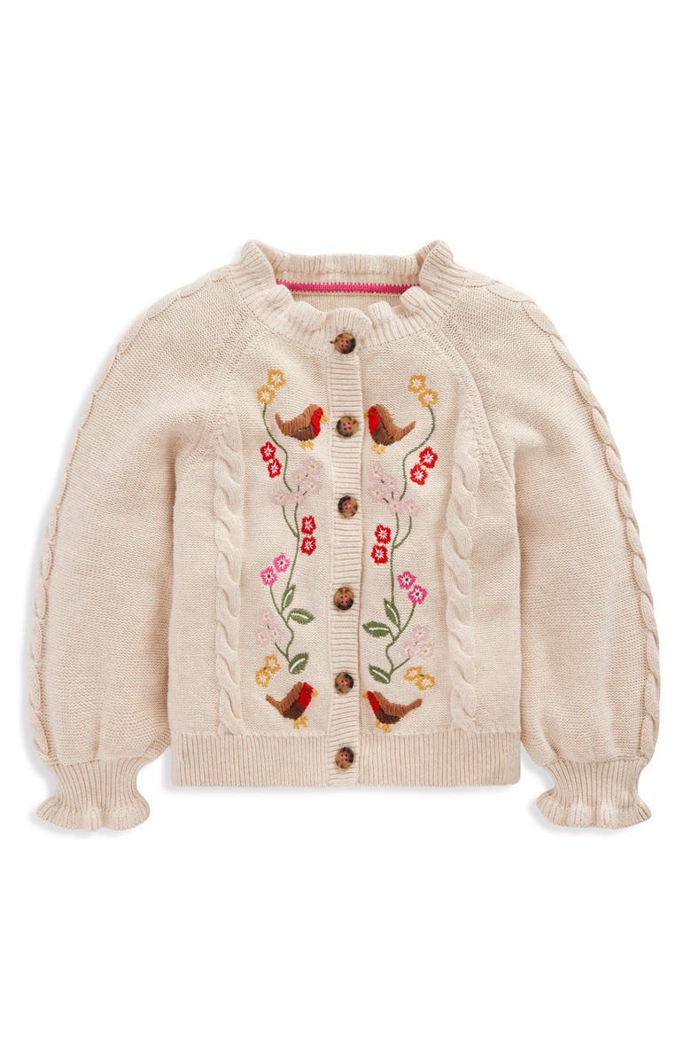 Mini Boden Kids' Floral Embroidered Cotton Cardigan, Main, color, Oatmeal Marl