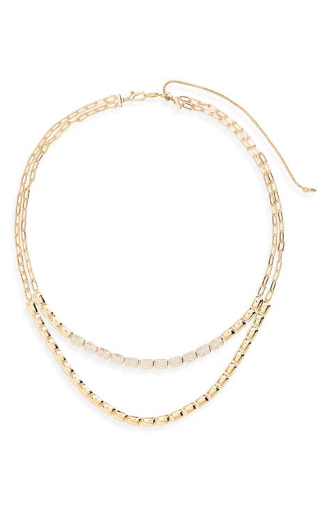 18K Gold Vermeil CZ Layered Block Chain Necklace