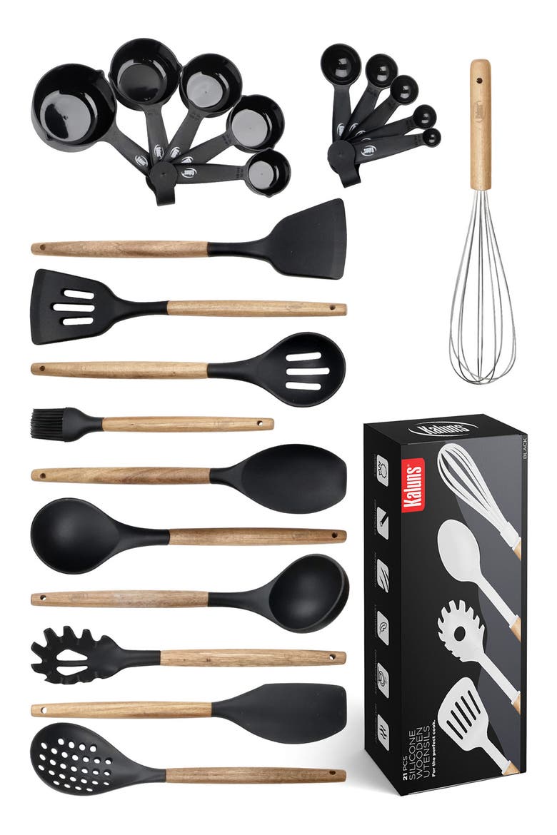 Wood and Silicone Utensil 21-Piece Set, Main, color, BLACK