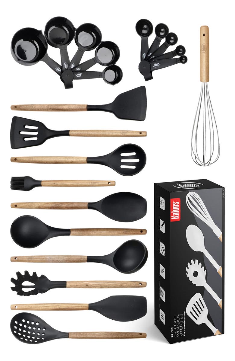 KALUNS Wood and Silicone Utensil 21-Piece Set, Main, color, Black