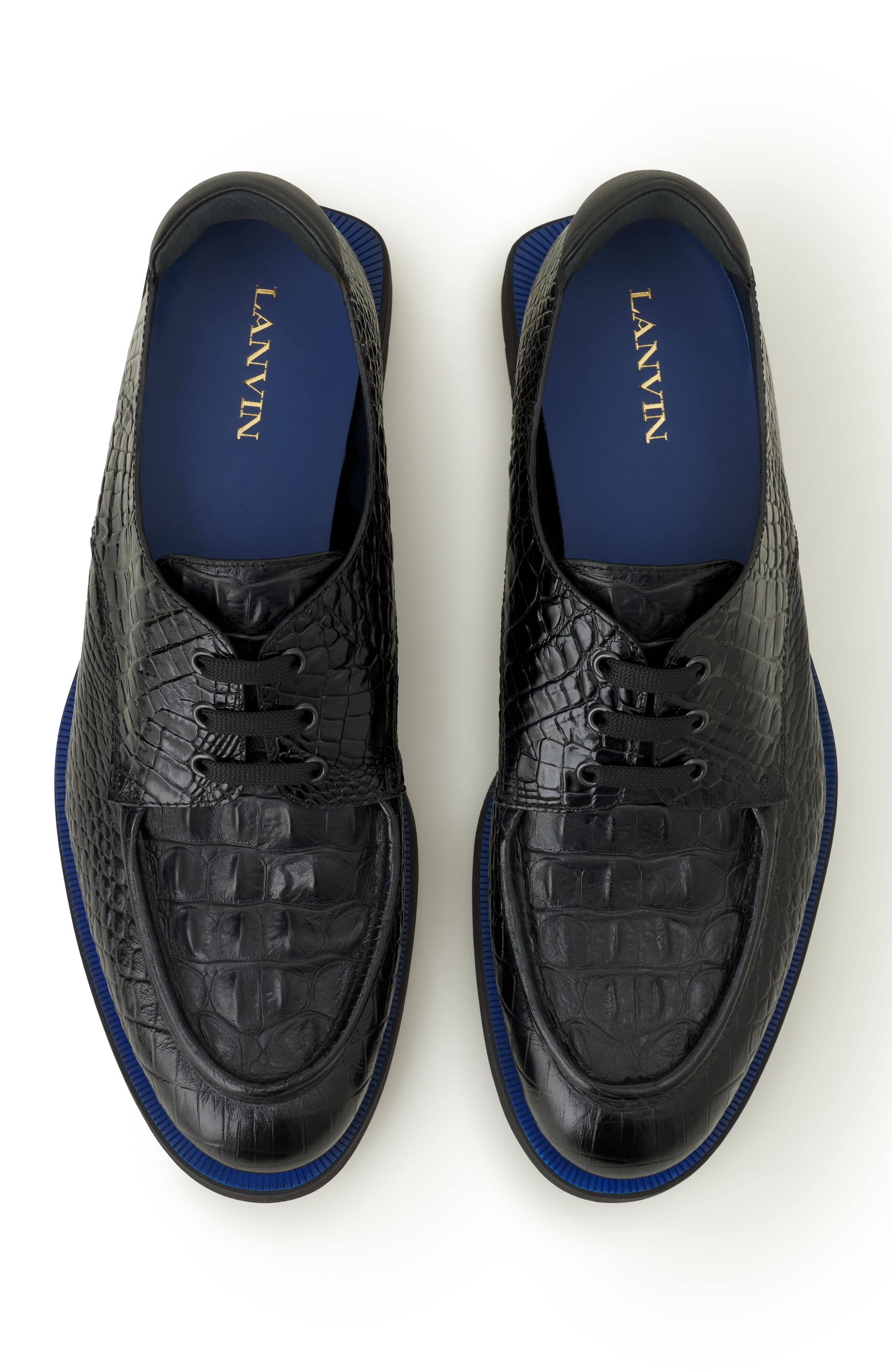 Derby Shoes In Crocodile-Embossed Leather, Alternate, color, Black/Blue