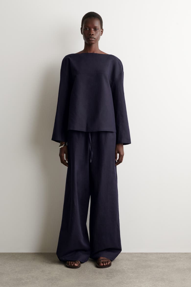 Wide-leg Linen Drawstring Pants, Alternate, color, NAVY