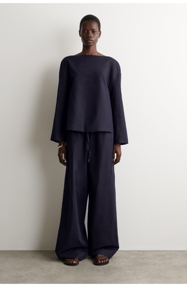 COS Wide-leg Linen Drawstring Trousers, Alternate, color, Navy