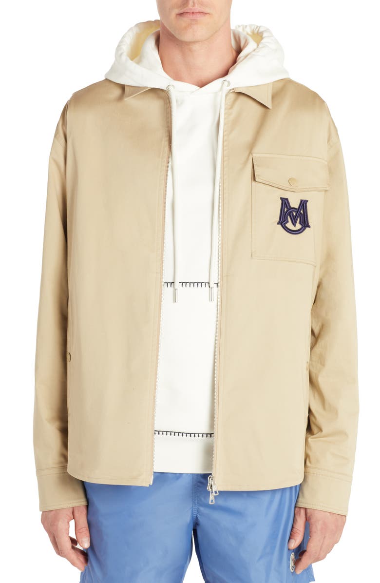 Moncler Embroidered Logo Gabardine Zip Front Shirt, Main, color, 