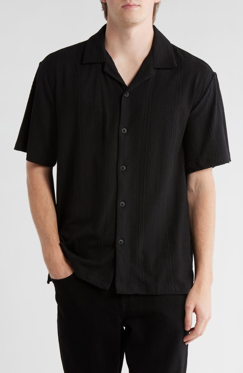 DENIM AND FLOWER Textured Relaxed Fit Camp Shirt, Main, color, Black