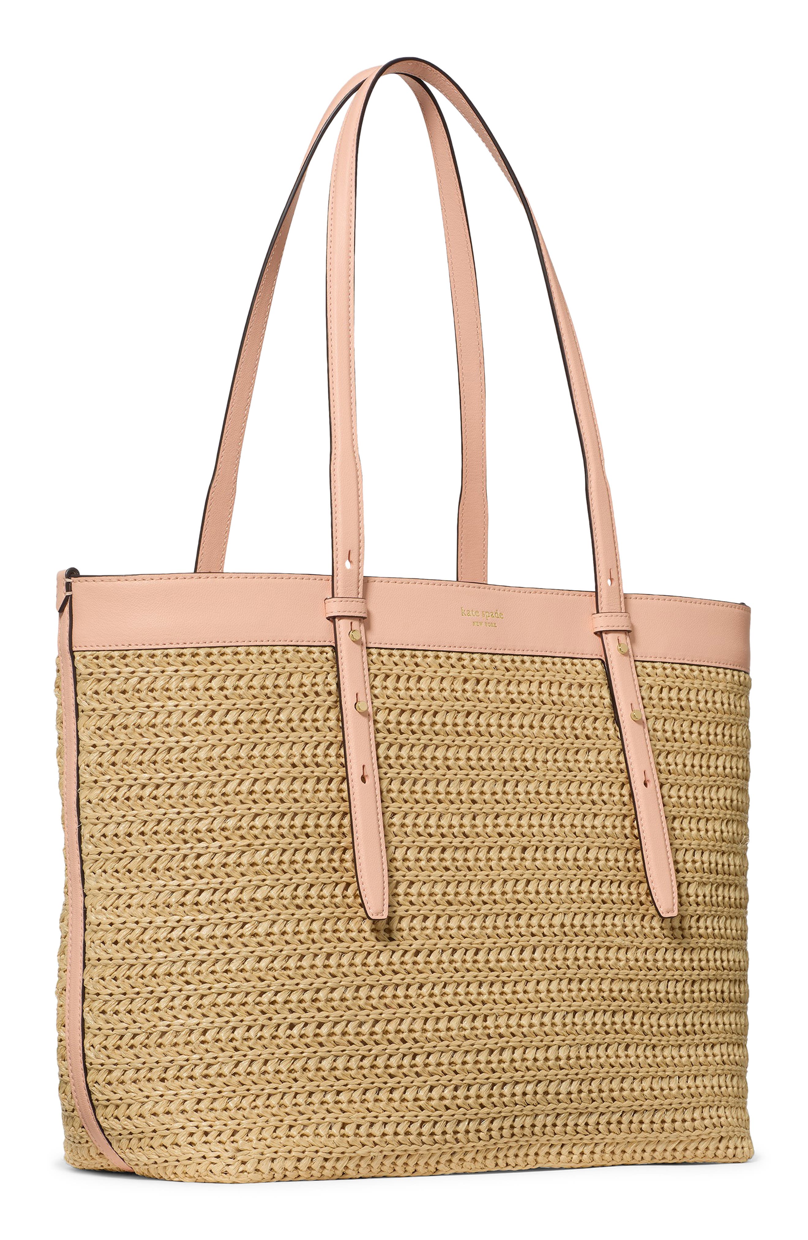 Kate Spade New York large do it all straw & leather tote, Alternate, color, Light Cantaloupe Multi