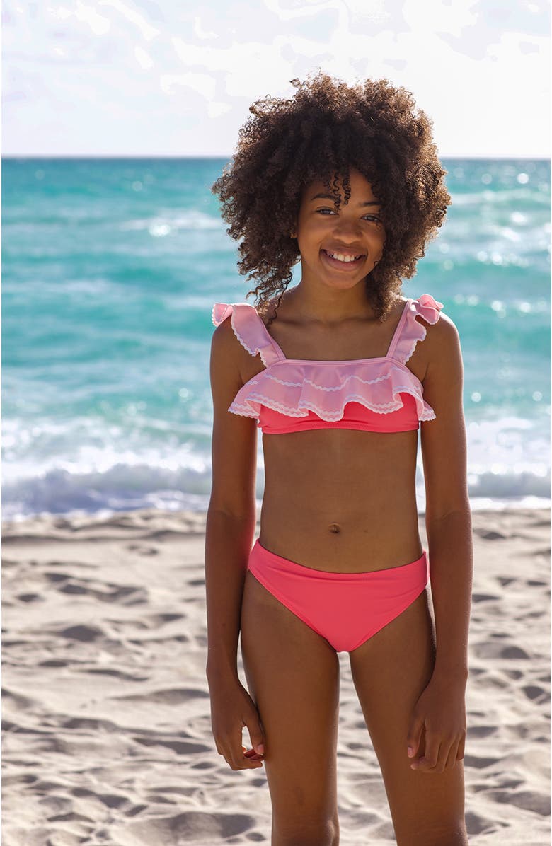 NESSI BYRD Bandeau Tiered Ruffle Color-Blocked Two-Piece Bikini, Alternate, color, Pink