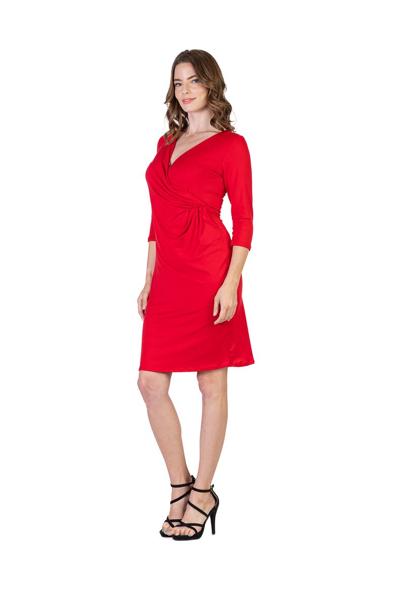 Petite V Neck Faux Wrap Knee Length Dress, Alternate, color, Red
