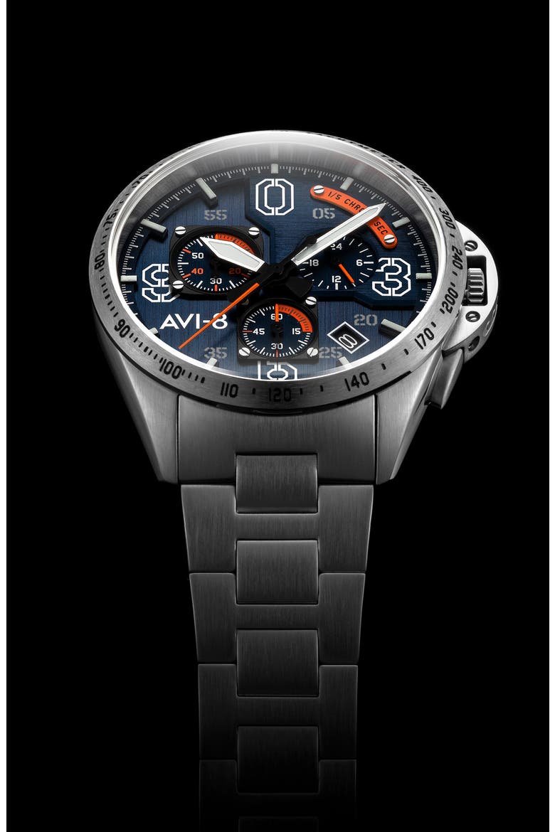 P-51 Mustang Blakeslee Chronograph Bracelet Watch, 43mm, Alternate, color, BLUE/ SILVER