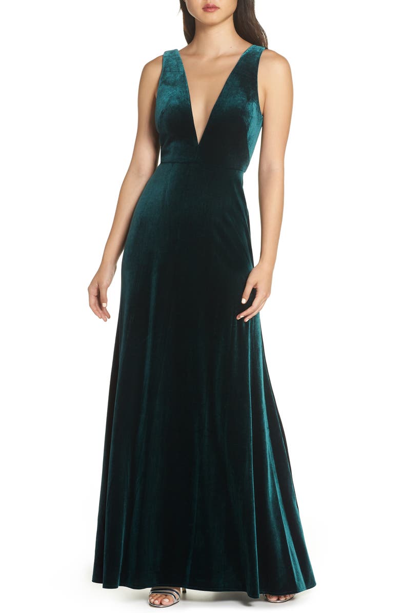 Jenny Yoo Logan Plunge Neck Velvet A-Line Gown, Main, color, 