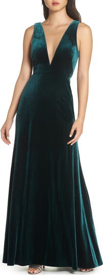 Jenny Yoo Logan Plunge Neck Velvet A-Line Gown | Nordstrom