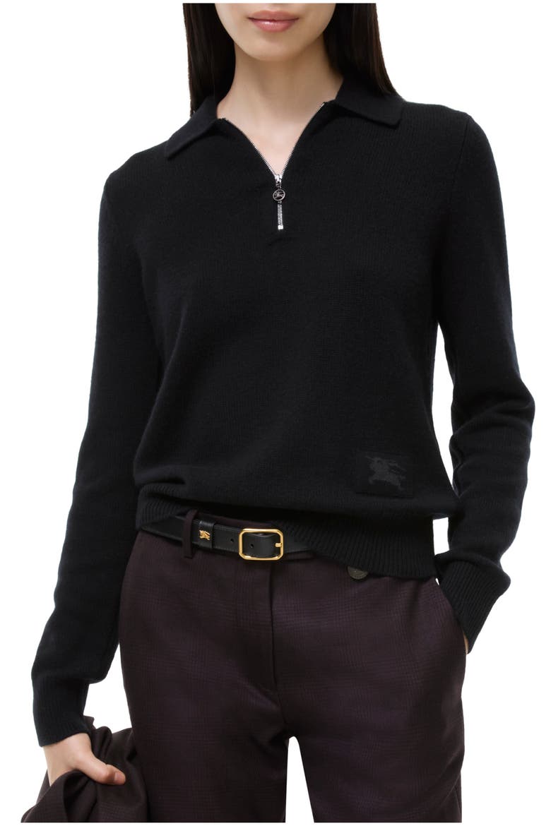Long-sleeve Cashmere Polo Shirt, Main, color, Black