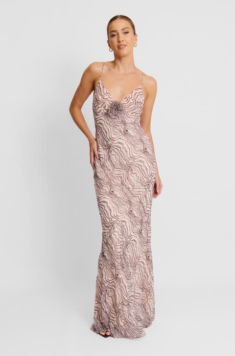 Strappy Coursage Beaded Maxi Dress