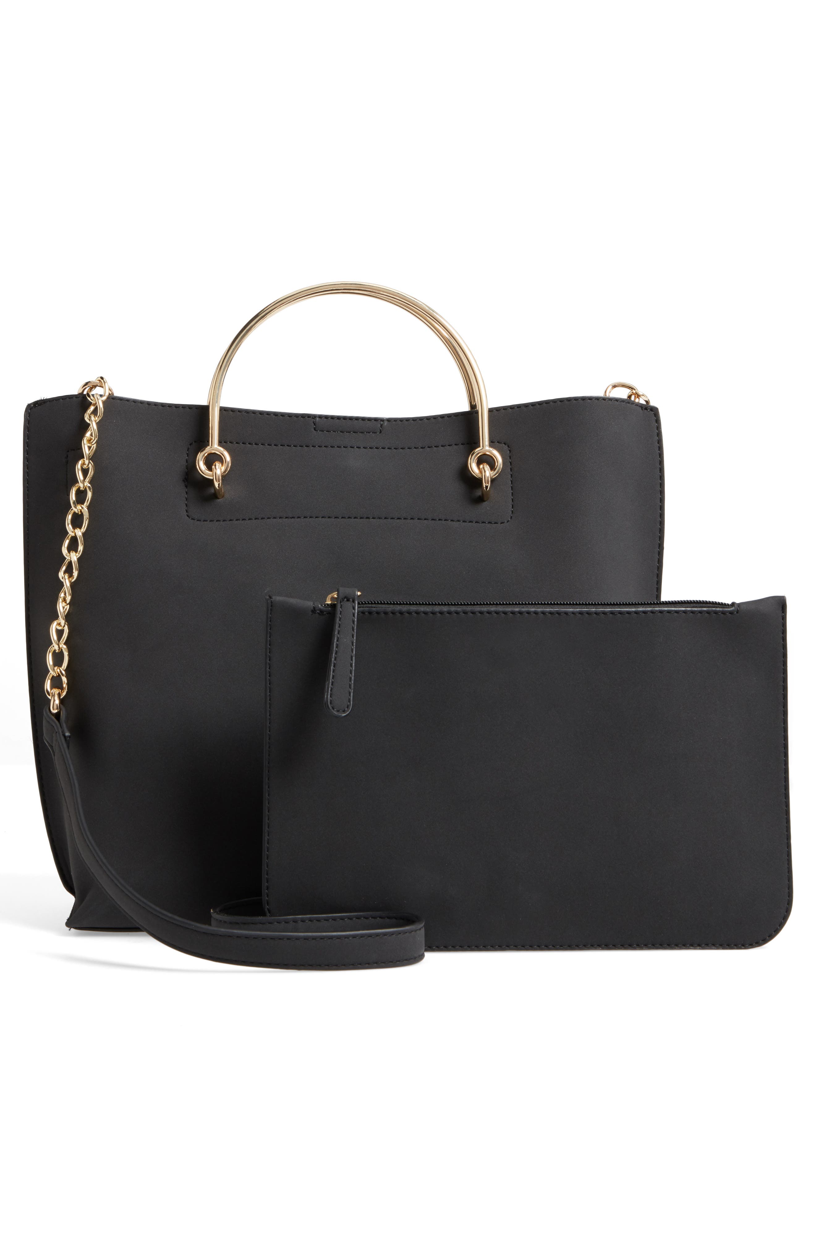 Metal Handle Faux Leather Satchel, Alternate, color, BLACK