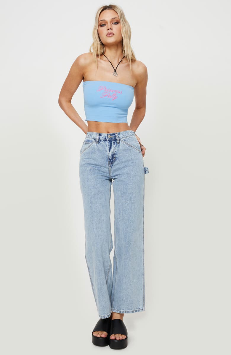 Princess Polly Alessandara High Waist Straight Leg Carpenter Jeans, Alternate, color, Light Blue