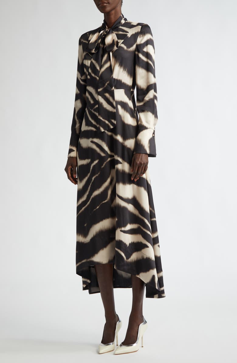 ST. JOHN Zebra Print Long Sleeve Pussy Bow Maxi Dress, Alternate, color, 