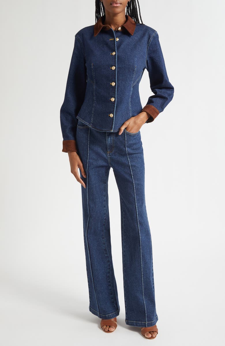 Cinq à Sept Suede Trim Denim Button-Up Shirt, Alternate, color, Dark Sepia/ Fontaine