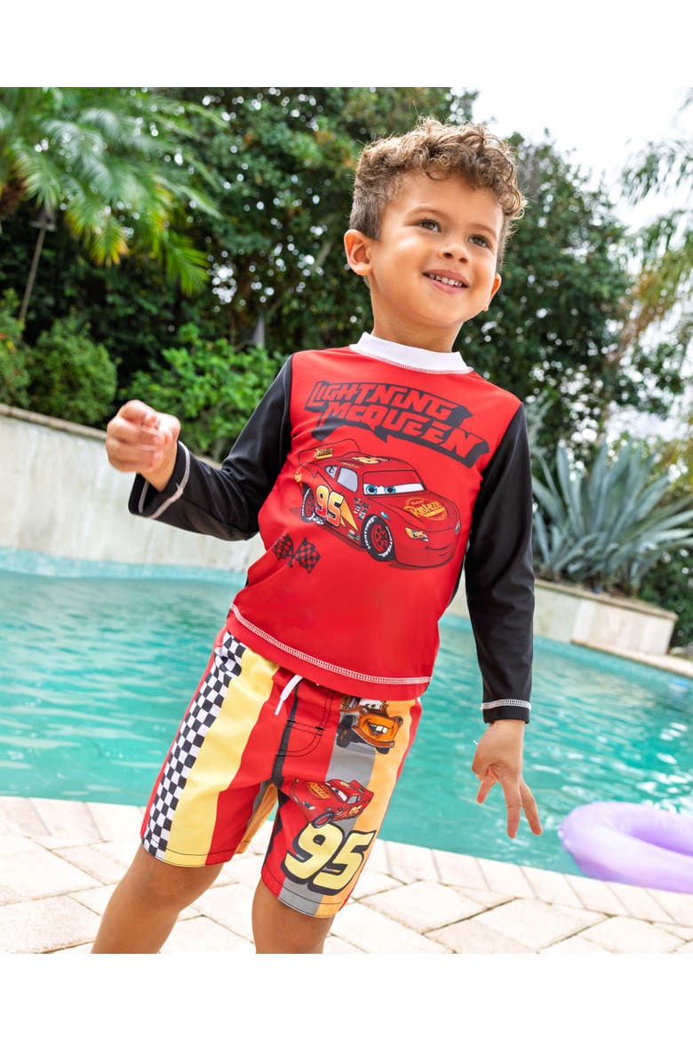 Pixar Swimwear 2-Piece Rash Guard and Swim Trunks Set, Alternate, color, McQueen Mater Red