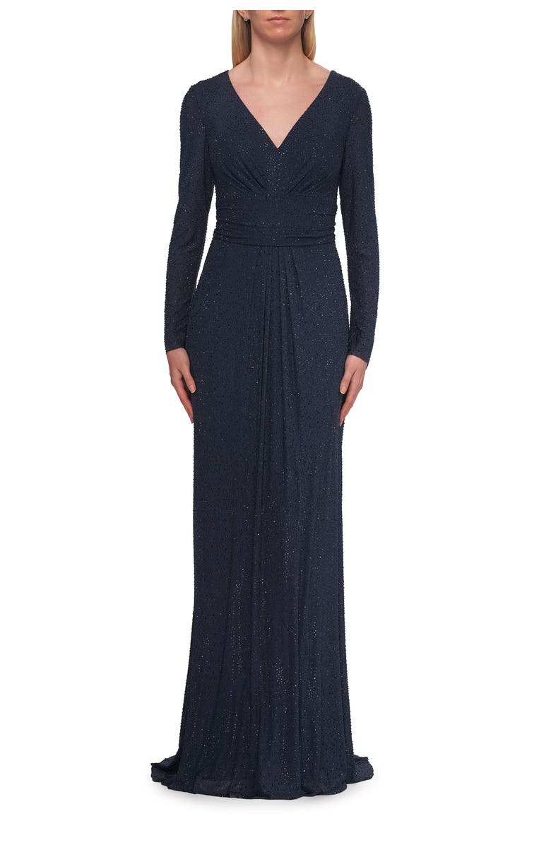 La Femme Long Sleeve Rhinestone Gown with Pleated Waist, Main, color, Navy
