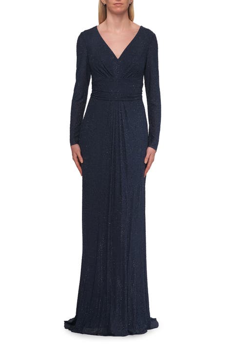 Long Sleeve Rhinestone Gown with Pleated Waist