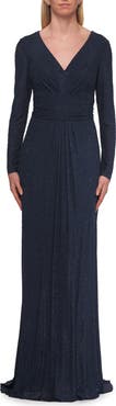 La Femme Long Sleeve Rhinestone Gown with Pleated Waist