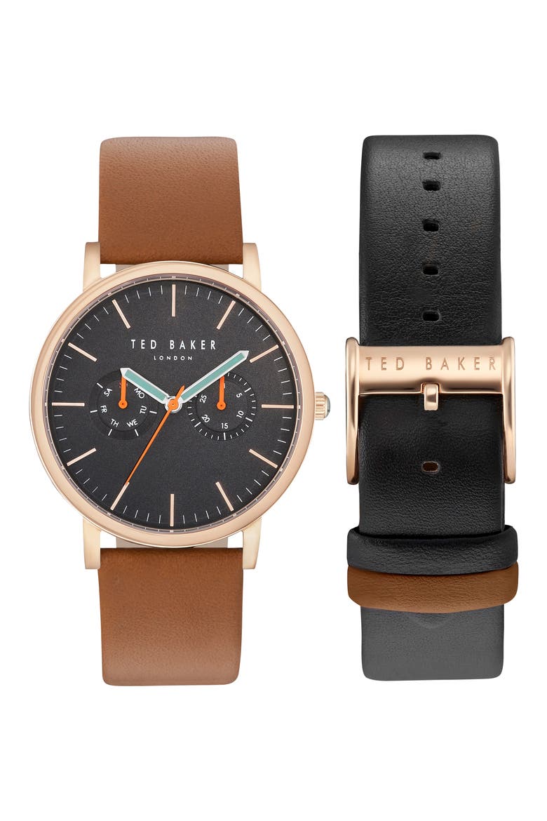 Brit Round Watch Three-Strap Gift Set, 40mm, Main, color, BLACK/ BLACK