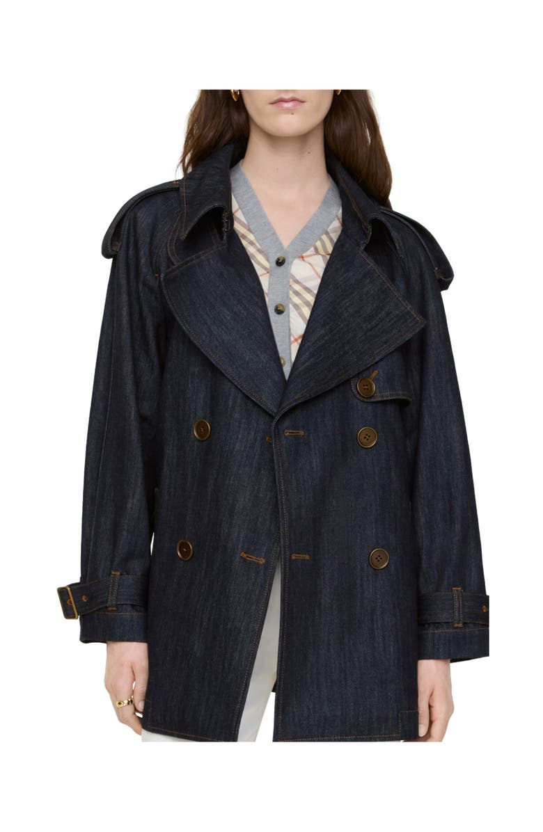 Burberry Short Denim Fitzrovia Trench Coat, Alternate, color, Dark Indigo
