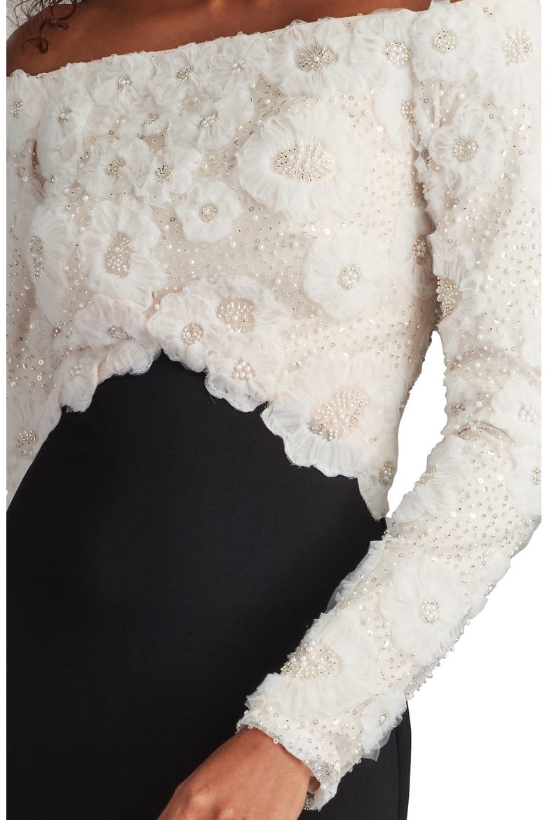 Rhinestone Floral Off the Shoulder Mixed Media Gown, Alternate, color, IVORY/ BLACK