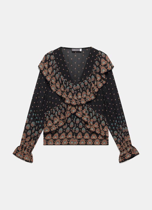 Mint Velvet Retro Print Ruffle Blouse In Black