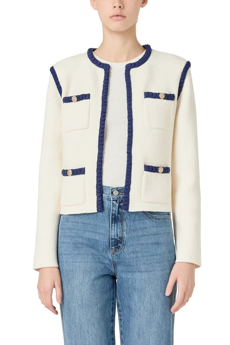 Braided Trim Knit Jacket, Alternate, color, CREAM/ BLACK