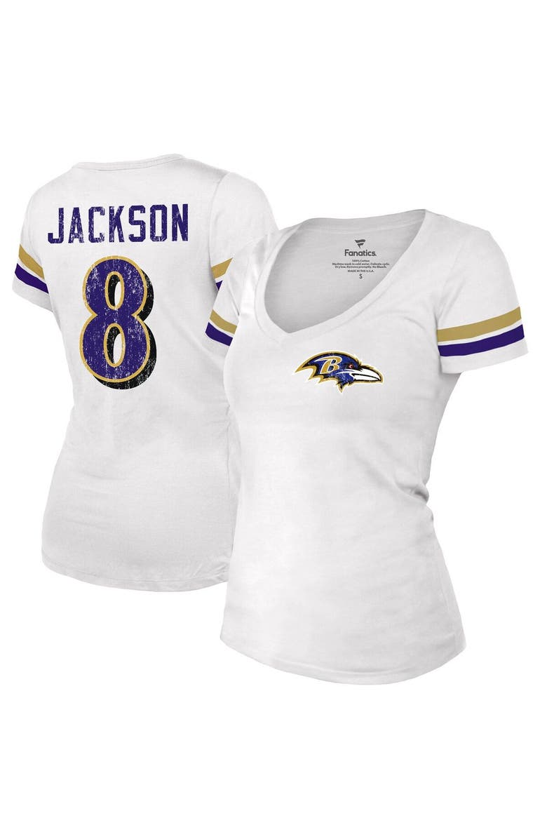 Majestic Threads Women's Fanatics Branded Lamar Jackson White Baltimore Ravens Fashion Player Name & Number V-Neck T-Shirt, Alternate, color, 